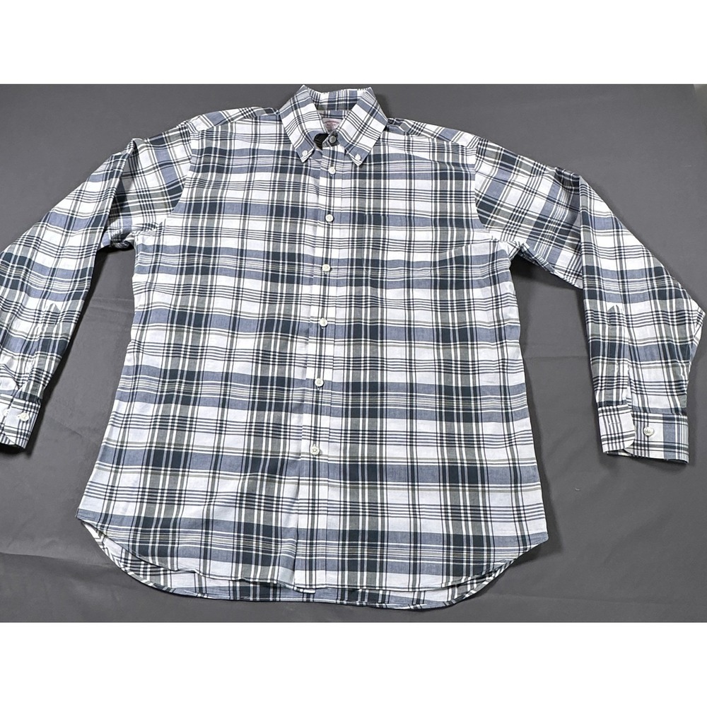 Brooks Brothers Madison Fit Plaid Button Down Shirt Mens Sz-M Blue‎ White Cotton